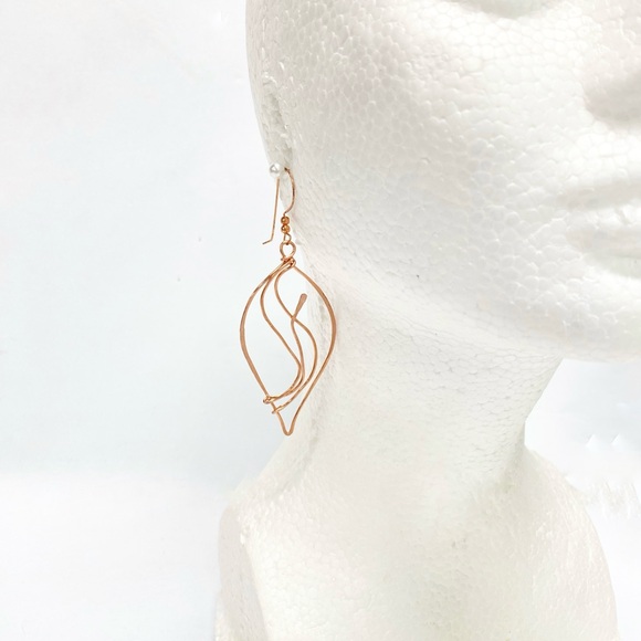 HANDMADE Hand Wrapped Pure Bare Copper Minimalistic Modern Leaf Dangle Earrings - Picture 5 of 10